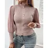 T-shirts Femmes Femmes élégantes Chemise côtelée Top Automne Hiver Manches longues Puff O Cou Bouton Corset Slim Fit T-shirt Y2K Chic Vêtements