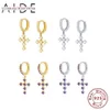 Hoop & Huggie AIDE Trendy Cross Pendientes Earrings For Women Geometric White Purple Zircon Piercing Earings Silver 925 Jewelry242C
