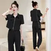 Women's Two Piece Pants 2024 Casual Suit Small Fragrant Wind Outfits For Women Summer Monochromatic Temperament Top Wide Leg 2 Set