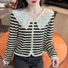 Women's Knits 2024 Spring Ladies Striped Lace Collar Knitted Cardigan Long-sleeved Single-breasted Commuter Short Bottoming Shirt