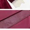 Robes décontractées Printemps Automne Femmes V Cou Dentelle Patchwork Haute Attendue Manches Longues Vin Rouge Velours Robe Femme Vêtements Vintage