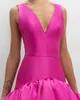 Party Dresses 2024 Fuchsia Satin Long Prom Sleeveless V Neck Ruffled Taffeta Evening Dress Vestidos De Fiesta Pink Formal