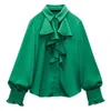 Kvinnors blusar eleganta solida ruffle kvinnor 2024 långärmad knapp upp lapel krage skjorta skjorta toppar casual mode office lady blus