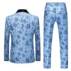 Men's Suits Temperament Wedding Pant 3 Pieces Set (Blazer Vest Trousers) Bule Business Fashion Flower Print Male Jacket Sets