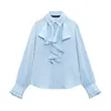 Kvinnors blusar eleganta solida ruffle kvinnor 2024 långärmad knapp upp lapel krage skjorta skjorta toppar casual mode office lady blus