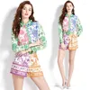 Dames Trainingspakken Drop Lente Zomer Herfst 2 stuks Sets Dames Retro Vintage Bloemenprint Kraag Top Shirt Blouse Riem Slanke Shorts Pak Outfits