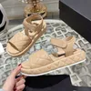 100% leather women's sandals Summer Designer fashion sponge sole slipper Diamond check slideshow Seaside beach shoes Waterproof platform increase leather strap box