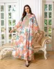 Roupas étnicas Floral Impresso Fio Vestido Muçulmano Stand Collar Tassel Abaya Mulheres Bordado Ouro Guarnição Jalabiyat Kaftan Islâmico