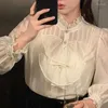 Blouses pour femmes Vintage High Street Blusas Mujer De Moda 2024 col montant Chic nœud papillon doux simple boutonnage volants chemises françaises