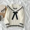 QWEEK Navy Sailor Collar Sweater Kawaii Long Sleeve Jumpers Korean Style 2021 Casual Vintage Knitwear Lazy Oaf College