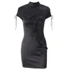 Casual Dresses Crystal Women's Dress 2024 Outfits Pure Sexy Hollow Out Lace Up Low Cut Short Sleeve Hip Wrap Mini Vestidos