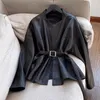 Veste en cuir PU avec ceinture pour femme, manteau mi-long noir, vêtement d'extérieur pour motard, décoration de rue, printemps-automne, 2024