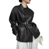 Veste en cuir PU avec ceinture pour femme, manteau mi-long noir, vêtement d'extérieur pour motard, décoration de rue, printemps-automne, 2024