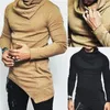 Hoodies masculinos moda longa assimétrica bainha bolso manga moletom outono inverno masculino gola alta topos