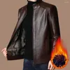 Men's Jackets Men Jacket Fall Windproof Mid-aged Faux Leather With Plush Heat Retention Stand Collar Zipper Closure