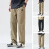 Calças masculinas calças casuais estilo retro perna larga carga com bolsos de cintura elástica para confortável quente comprimento total