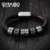 REAMOR Trendy Men Pulseira de couro preto 316l Aço inoxidável Viking Bead Pulseiras com fecho magnético forte 17-21cm 210918309U