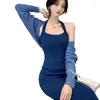 İş Elbiseleri Kadınlar İçin İki Parça Kıyafet Düşüyor Uzun Kollu Açık Ön Hardigan Sweater Shegs ve Bodycon Maxi Elbise Set Dropship