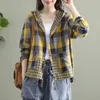 Blouses Femmes Printemps Automne Mode Coréenne Designer Vêtements Femmes Plaid Chemises À Capuchon Dames Lin Lâche Femme Casual Tops Surdimensionnés