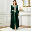 Ethnic Clothing Abayas For Women Dubai Luxury V-neck Long Sleeve Velvet Embroidered Slit Maxi Skirt Abaya Islamic 3744