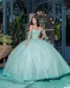 Quinceanera Dresses Light Green Party Prom Ball Ball Tulle Tulle Custul Plus Size Zipper Lace up up new beaded Vestido de for Sweet 15アップリケノースリーブオフショルダー