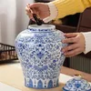 Lagringsflaskor blå vita ingefära burkar chinoiserie stil dekorativ retro kinesisk porslinblommor te canister traditionell