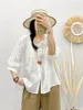 Women's Blouses Vintage Ramie Blouse Three Quaters Sleeves V-neck Single Breast Loose Thin Summer Design