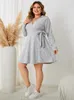 Robes de grande taille tricoté rayé femmes manches longues col en V solide Robe taille ceinture automne brin Robe décontracté surdimensionné femme tissu