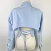 Women's Blouses Sexy Back Bandage Crop Shirts Women Korean Long Sleeve Blue Blouse Female Y2k Slim Lace Up Turn Down Collar Casual Tops 2024