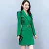 Garnitury damskie 2024 Moda zielony płaszcz Kobiety Sprężyna jesienna Ruffy Chicka Windbreaker Slim Pasband Długie odzież wierzchnia swoboda blezer