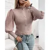 T-shirts Femmes Femmes élégantes Chemise côtelée Top Automne Hiver Manches longues Puff O Cou Bouton Corset Slim Fit T-shirt Y2K Chic Vêtements