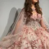 Luxo rosa doce 16 15 vestidos quinceanera vestido 3d floral applique cristal com capa bola saia feminina ocasião festa vestido de baile