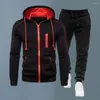 Fatos masculinos 2 unidades/conjuntos com capuz bloco de cor velo legal casual roupas de inverno vestuário moletom com calças jogger