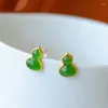 Dangle Brincos Natural Hetian Jade Verde Gourd Stud S925 Sterling Silver Retro Personalidade Fu Lu Eardrop Jóias Mulheres