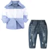 Clothing Sets 2Piece Fall Children Clothes Boys Casual Fashion Stripe Cotton Long Sleeve Baby Tops Hole Jeans Luxury Kids Set BC816
