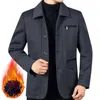 Vestes d'homme hiver hommes veste revers à manches longues manteau à poitrine unique en peluche zippé poches zippées vêtements d'extérieur mi-longueur père thermique