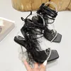 Dress Shoes Maogu Fashion Summer Rhinestone Feather Women Sandals For Party And Weddings 2024 Lace-up Sexy Square Toe Ladies High Heel