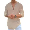 Nouveaux hommes chemise à la mode col en v décontracté couleur unie T-shirt hommes coton lin chemise à manches longues