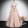 Vintage Long Pink Satin Prom Dresses With Pockets/Pearls A-Line Regular Straps Pleated Watteau Train Party Dress Maxi Formal Evening Dresses for Women