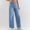 Jean taille haute pour femme, pantalon en Denim, jambes larges, cordon de serrage réglable, élastique, décontracté, Baggy bleu clair