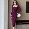 Vestidos casuais outono inverno roxo manga longa bodycon vestido de baile mulheres sólida elegante corrente colar quadrado 2024 festa de luxo coreano