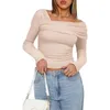 Kvinnors blusar Spring Autumn Top Elegant Off Shoulder Ruched Long Sleeve Tops For Women Pending Style Slim Fit Comfort Fashionable Crop