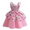 Vestidos de niña Vestido para niñas 2024 Falda para niños con estampado de flores rosas Vestido de princesa con hombros oblicuos Ropa