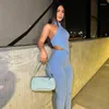 Kvinnors byxor Två stycken Set Solid Ribbed Women Sexig grimma Backless Asymmetrical Crop Tops Split Slim Summer Autumn Tracksuits Suit