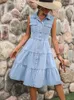 Freizeitkleider Benuynffy Damen ärmelloses Jeanskleid mit Rüschensaum, Vintage-Streetwear, einreihig, Midi-Jeanshemd, Sommer 2024