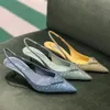 Designer sandals women slingback pump rhinestone dress shoes luxury high heels triangle logo ankle strap pointed toe padded party wedding shoes with box 0102