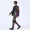 Korean Style Letter Printed Suit Male Singer Bar Stage Performance Slim Fit Blazer Pants 2 Piece Set Photo Studio Nightclub Party Suit Hip Hop Dance Outfit