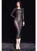 Klänningar glansig glänsande långärmad vestido transparent heta klänning tights bodycon midi klänningar paket höft minifalda sexig klubbkläder underkläder