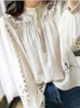 Damesblouses Damesoverhemd Wit Lente Herfst In blouse Femmes Opstaande kraag Tops Gedrukt Retro Folk Bohemen Chique elegante kleding