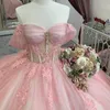 어깨에 반짝이는 분홍색 Quinceanera 드레스 볼 가운 크리스탈 아플리케 레이스 텔언트 달콤한 16 vestidos 15 de xv anos